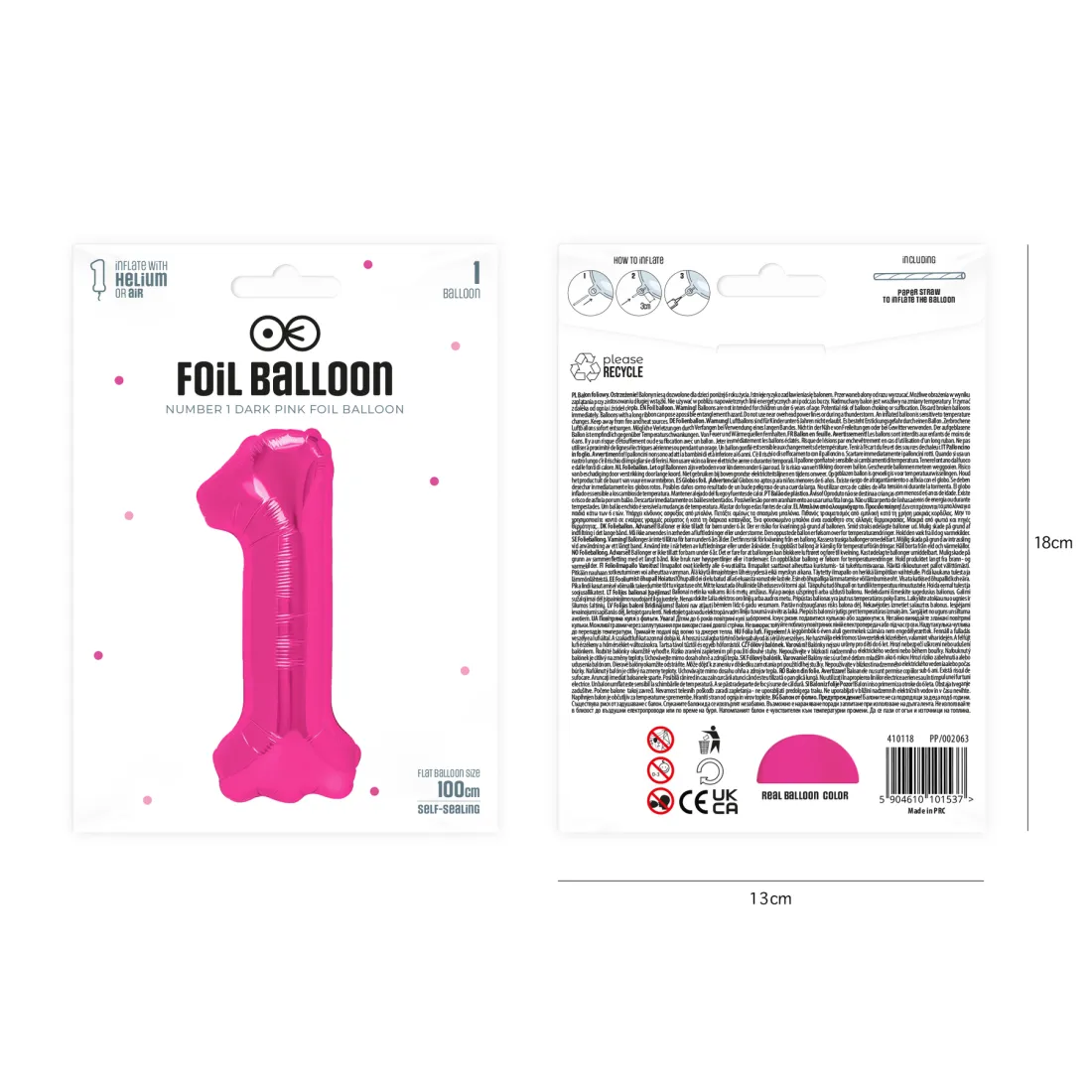 Sötét rózsaszín születésnapi lufi, 1-es szám, 100 cm