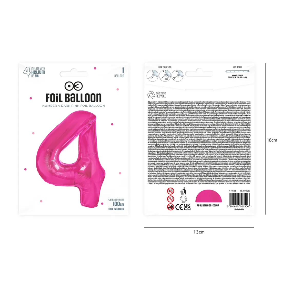 Balon aniversar roz închis, cifră 4, 100 cm