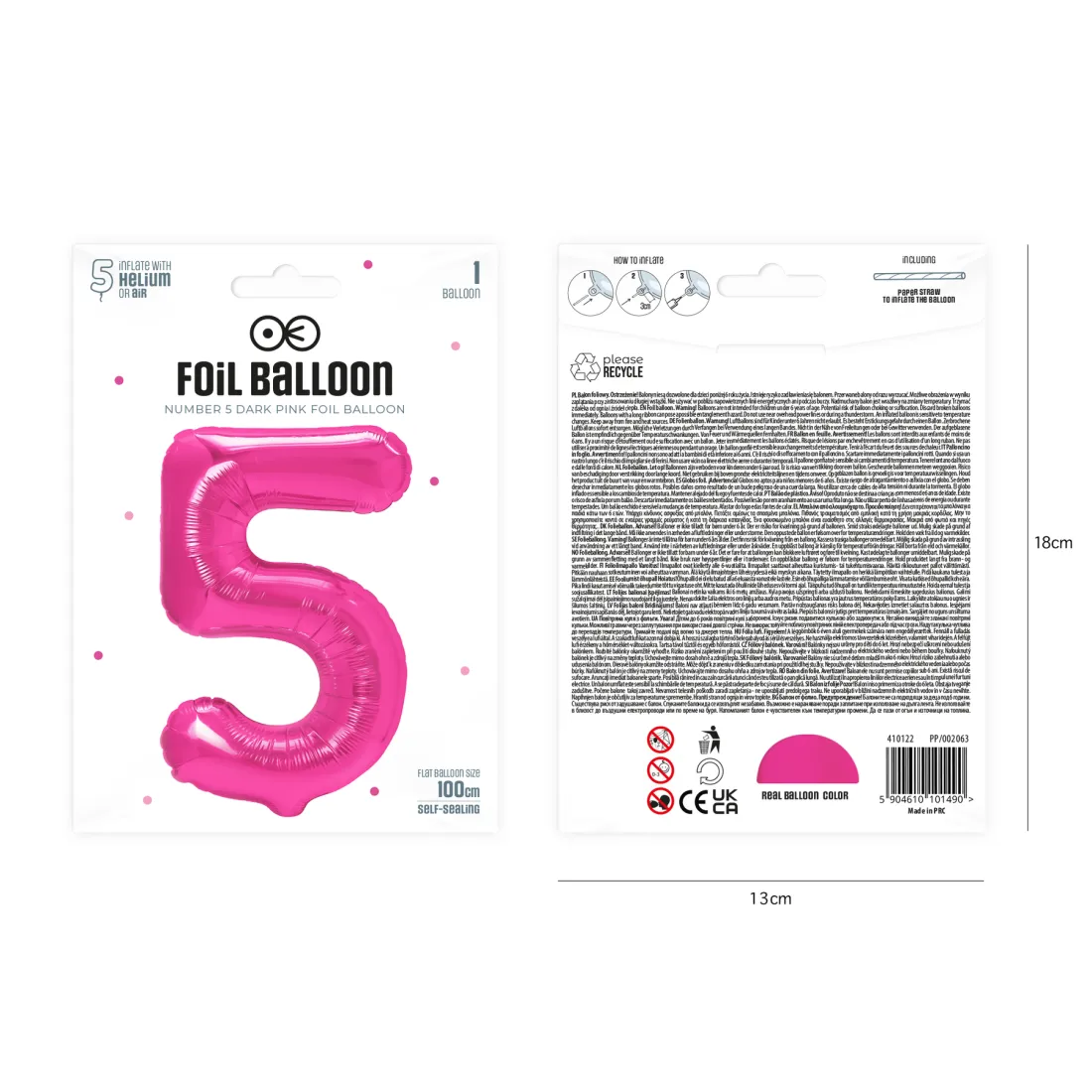Sötétrózsaszín születésnapi lufi, 5-ös szám, 100 cm
