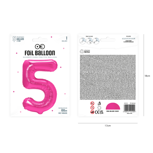 Sötétrózsaszín születésnapi lufi, 5-ös szám, 100 cm Sötétrózsaszín születésnapi lufi, 5-ös szám, 100 cm