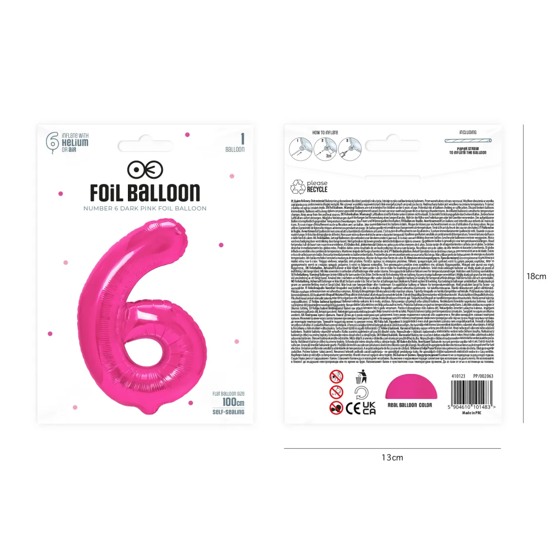 Sötét rózsaszín születésnapi lufi szám 6, 100 cm