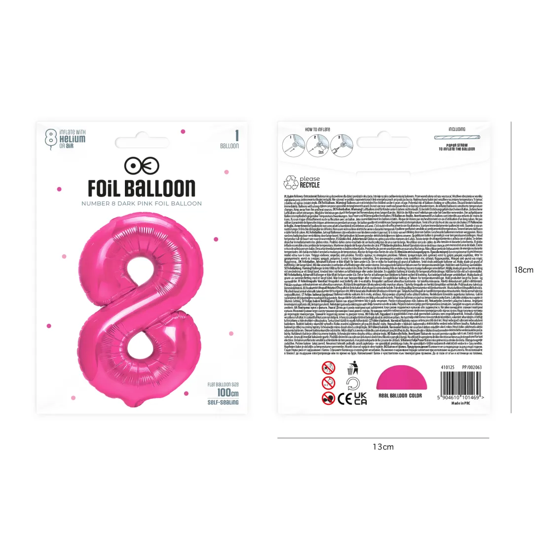 Sötétrózsaszín születésnapi lufi, 8-as szám, 100 cm