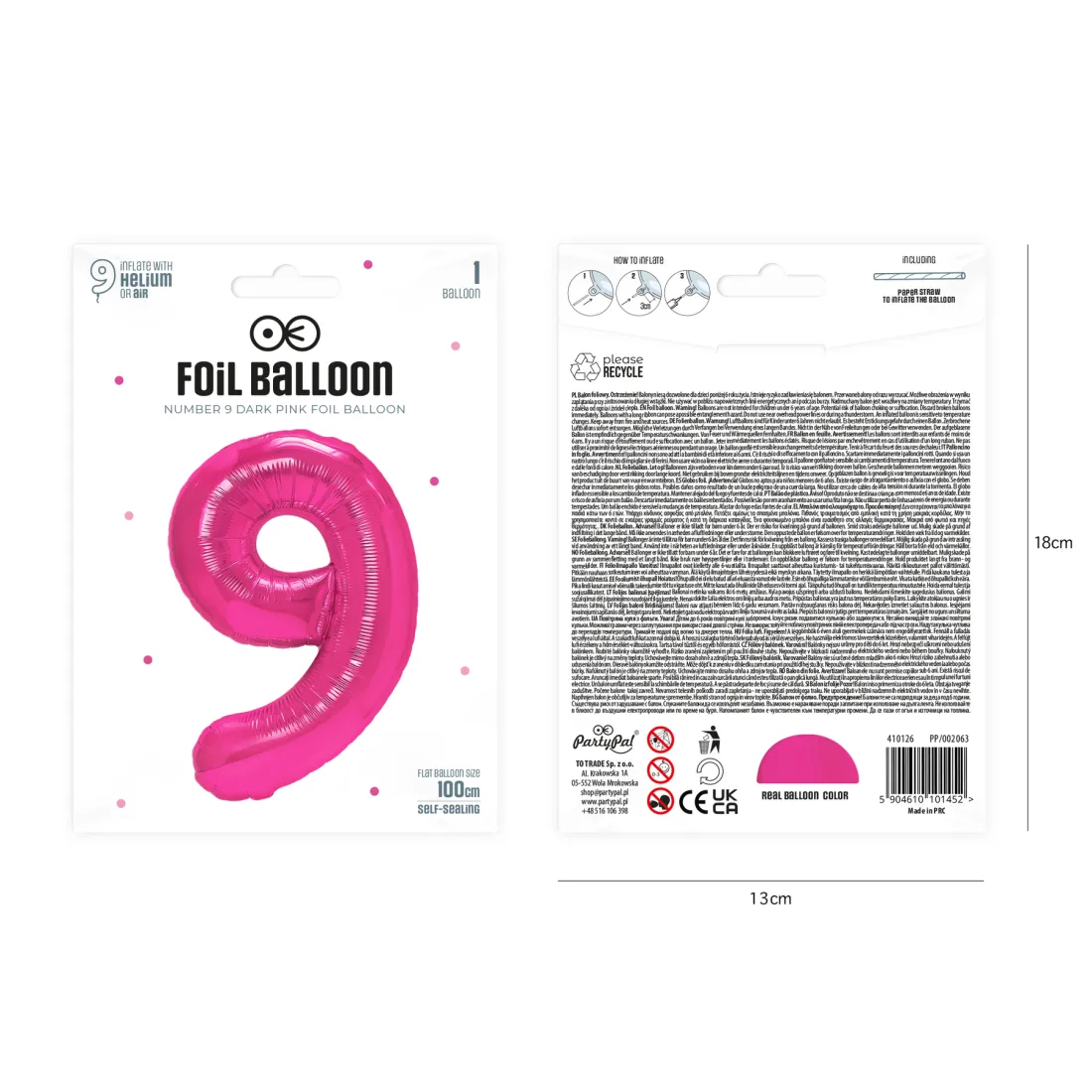 Balon aniversar fucsia închis, cifra 9, 100 cm
