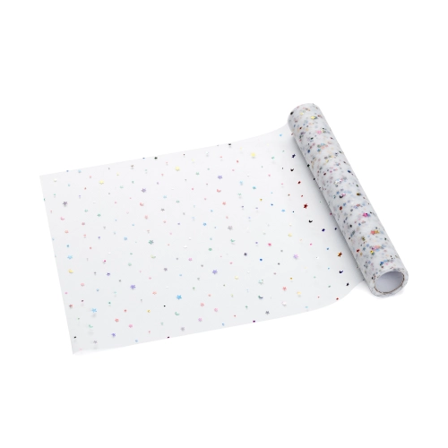 Tylový běhoun na stůl bílý s barevnými hvězdami a měsíci 35x900 cm