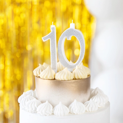 Velká stříbrná dortová svíčka s třpytkami číslo 0