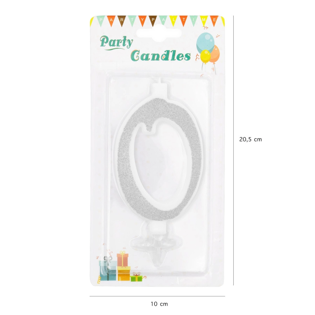 Nagy ezüst tortagyertya csillámokkal, 0 szám