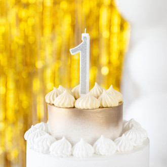 Velika srebrna tortna svečka z bleščicami številka 1