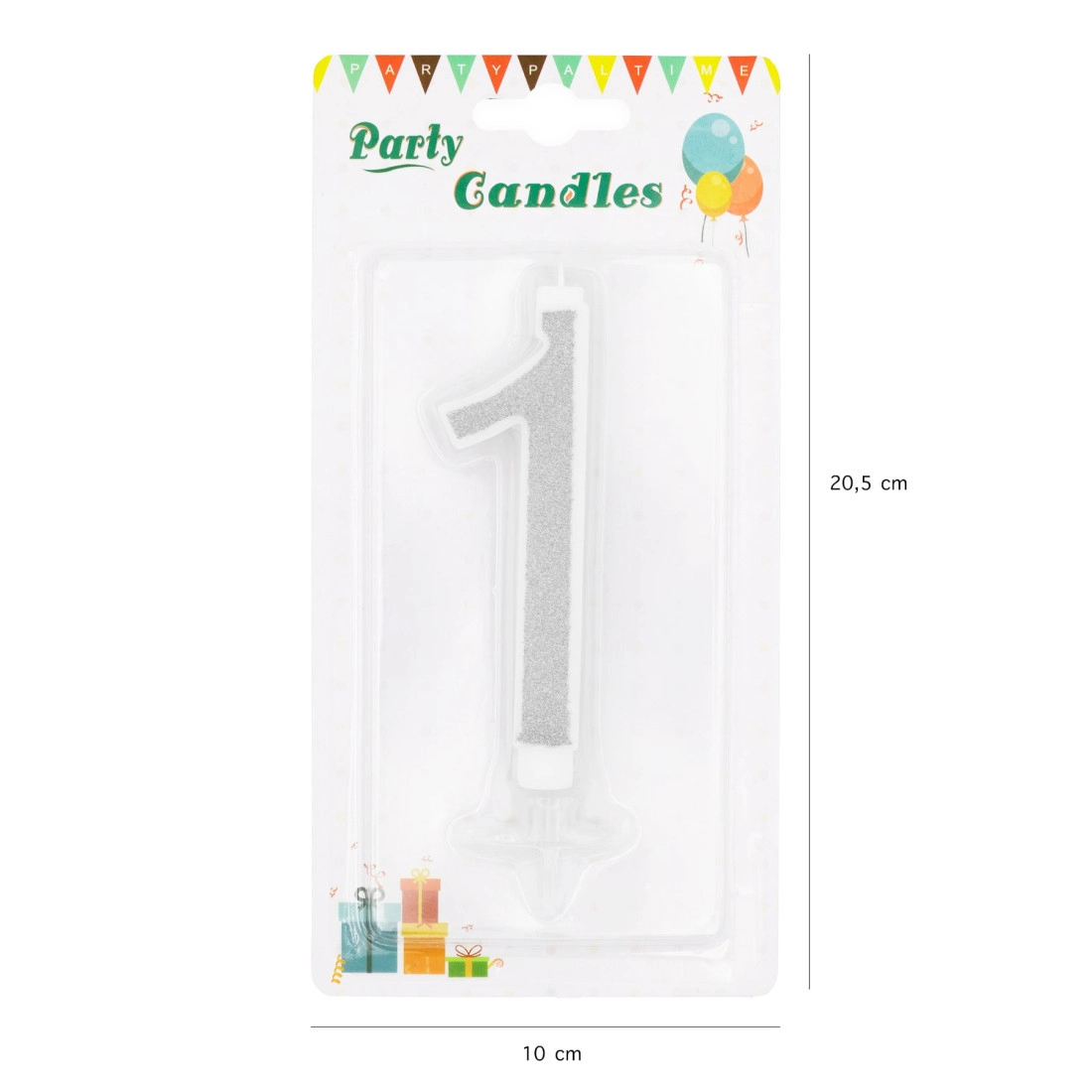 Lumânare mare pentru tort, argintie cu sclipici, cifra 1