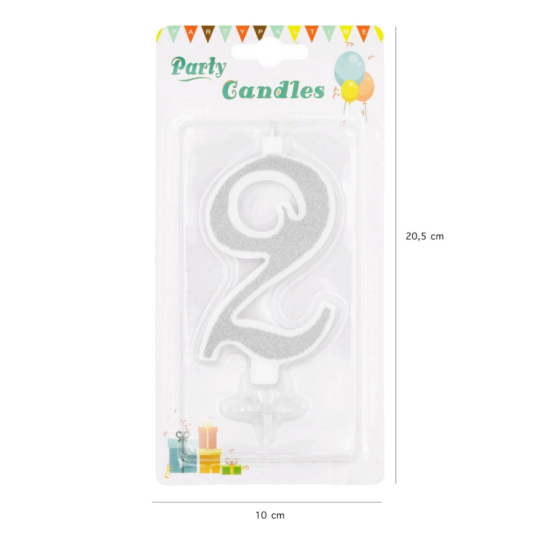 Lumânare mare pentru tort, argintie cu sclipici, cifra 2