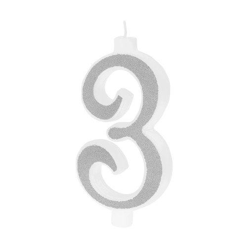 Velká stříbrná dortová svíčka s třpytkami číslo 3