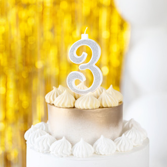 Velika srebrna tortna svečka z bleščicami številka 3