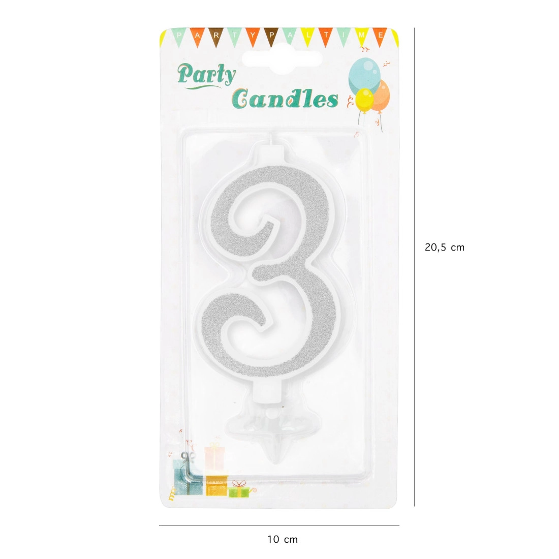 Lumânare mare argintie pentru tort, cu sclipici, cifra 3