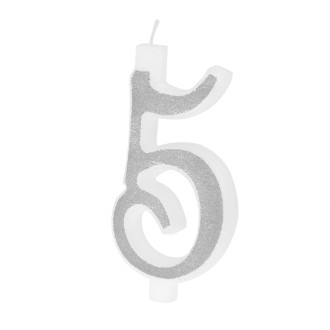 Nagy ezüst tortagyertya csillámokkal, 5-ös szám