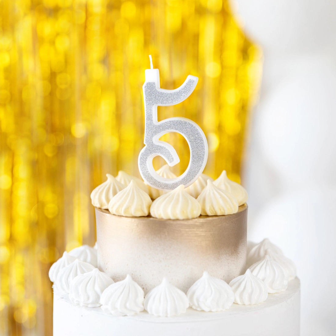 Lumânare mare pentru tort, argintie cu sclipici, cifra 5