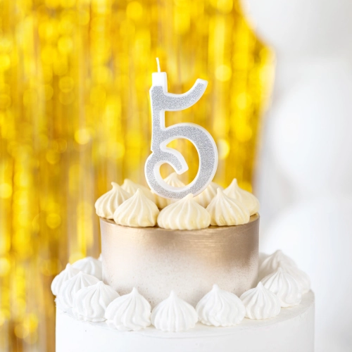 Velká stříbrná dortová svíčka s třpytkami číslo 5