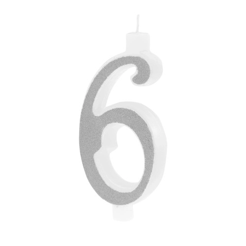 Velká stříbrná dortová svíčka s třpytkami číslo 6