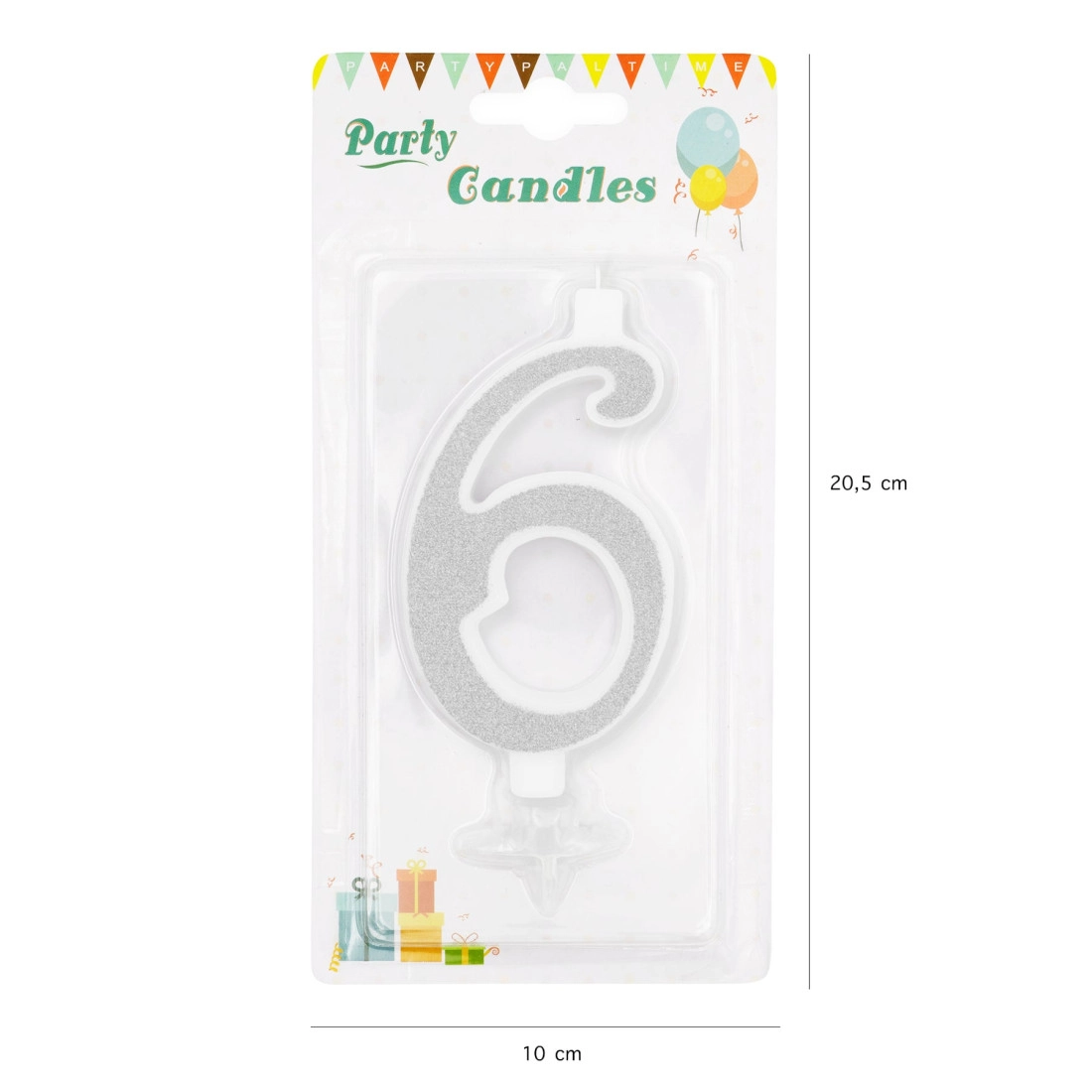 Nagy ezüst tortagyertya csillámokkal, 6-os szám
