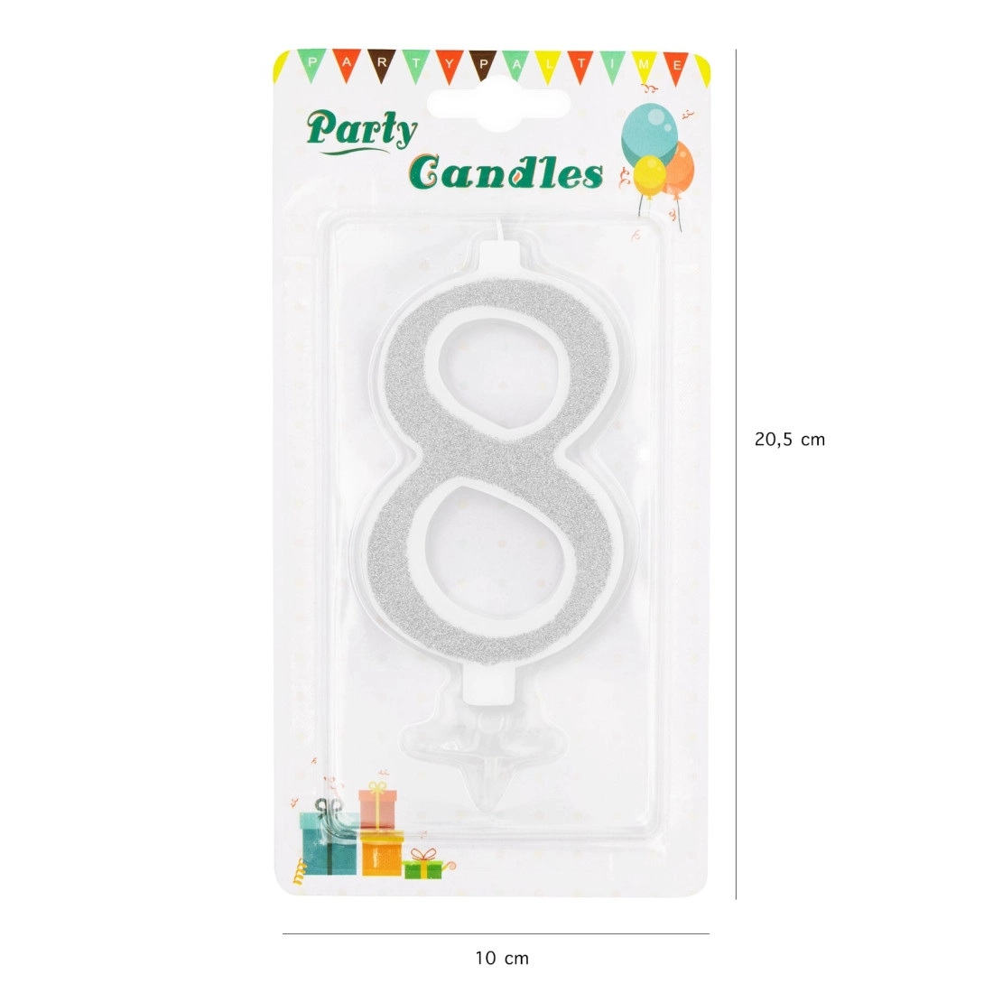 Lumânare mare argintie pentru tort, cu sclipici, cifra 8