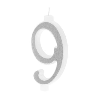 Nagy ezüst tortagyertya csillámmal, 9-es szám