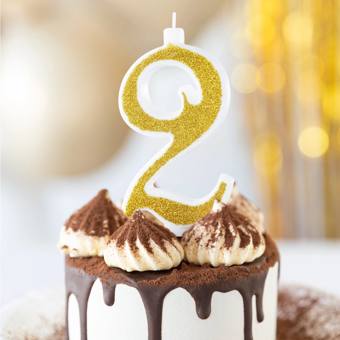Lumânare mare pentru tort, auriu sclipitor, cifra 2