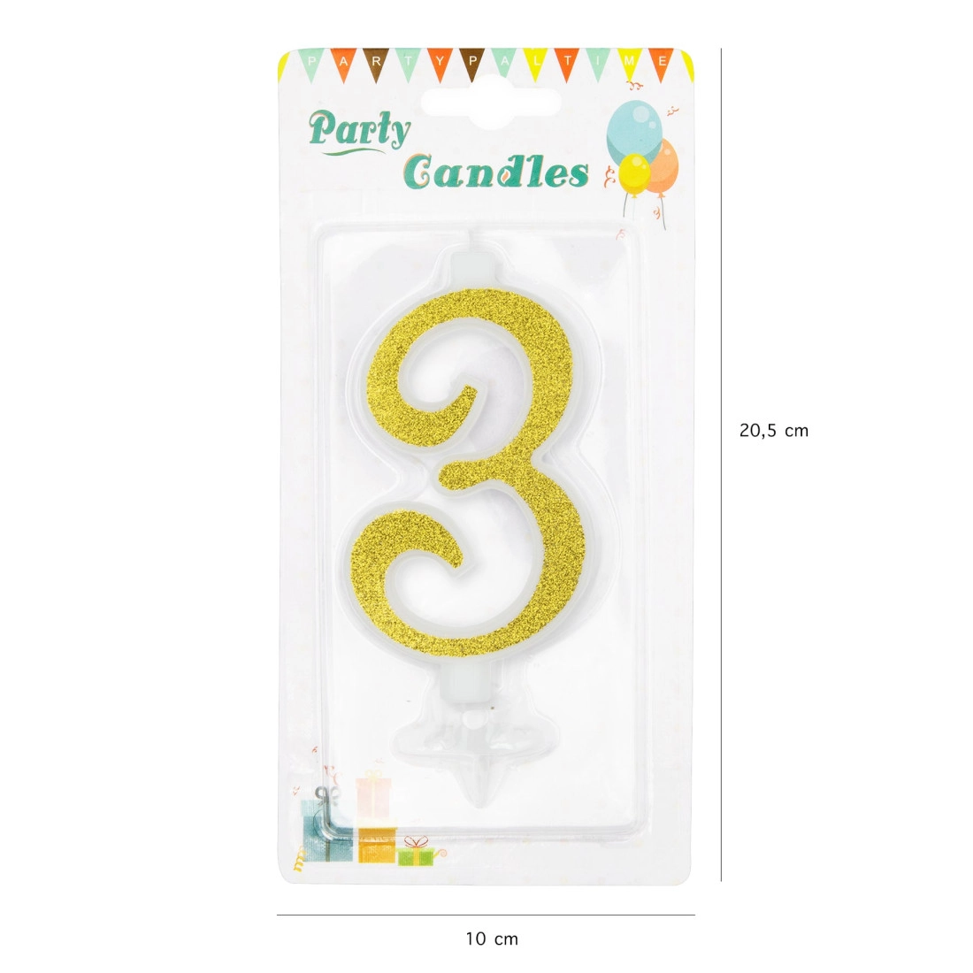 Lumânare mare aurie pentru tort cu sclipici, cifra 3