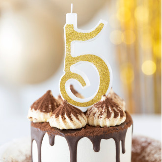 Velika zlata tortna svečka s bleščicami številka 5
