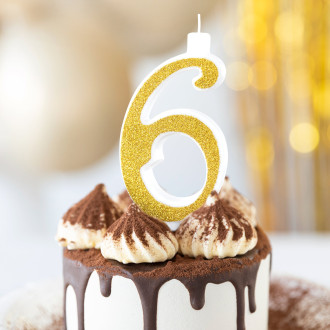 Nagy arany, csillámos tortagyertya – 6-os szám