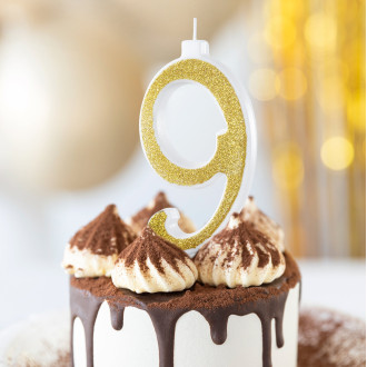 Velika zlata tortna svečka s bleščicami številka 9