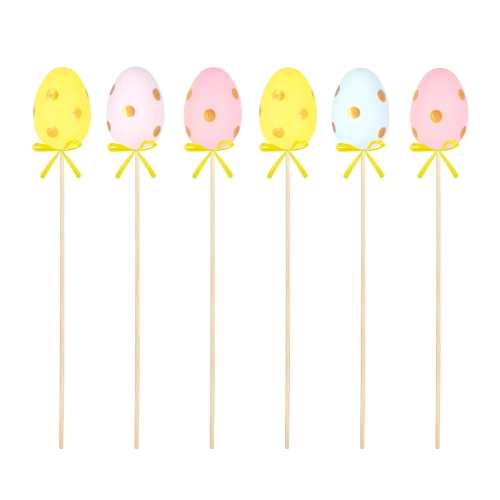 Decorațiune de Paște ouă pe bețișor cu buline aurii, set 6 buc.