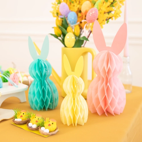 Decorațiune de Paște tip honeycomb cu iepurași, set 3 bucăți