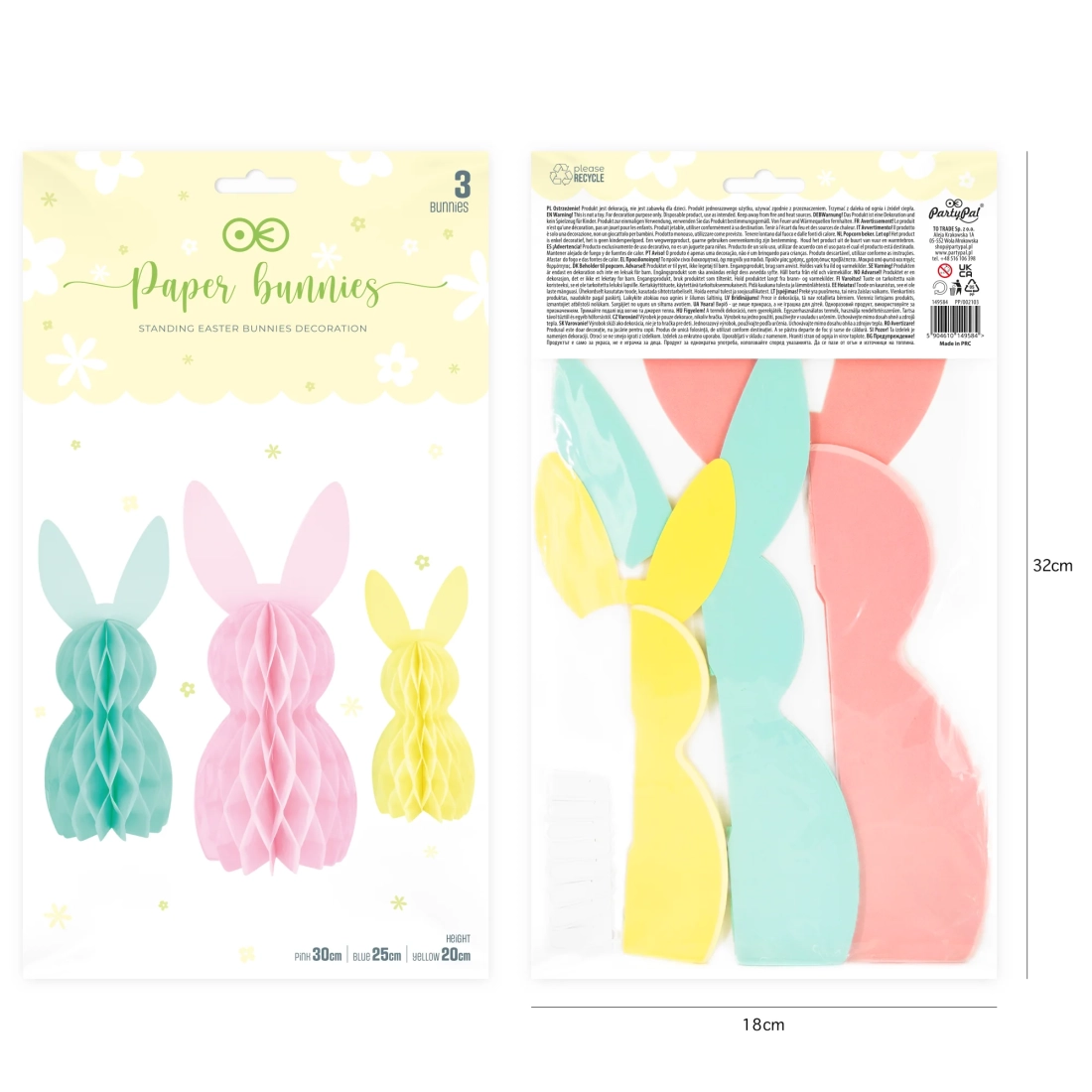 Decorațiune de Paște tip honeycomb cu iepurași, set 3 bucăți