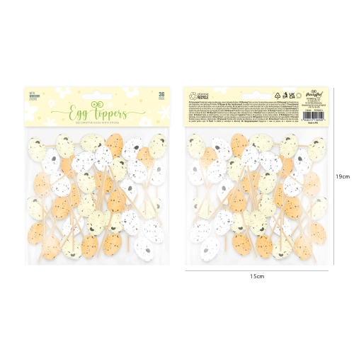 Decorațiuni de Paște ouă de prepeliță colorate pe băț, set 36 buc.