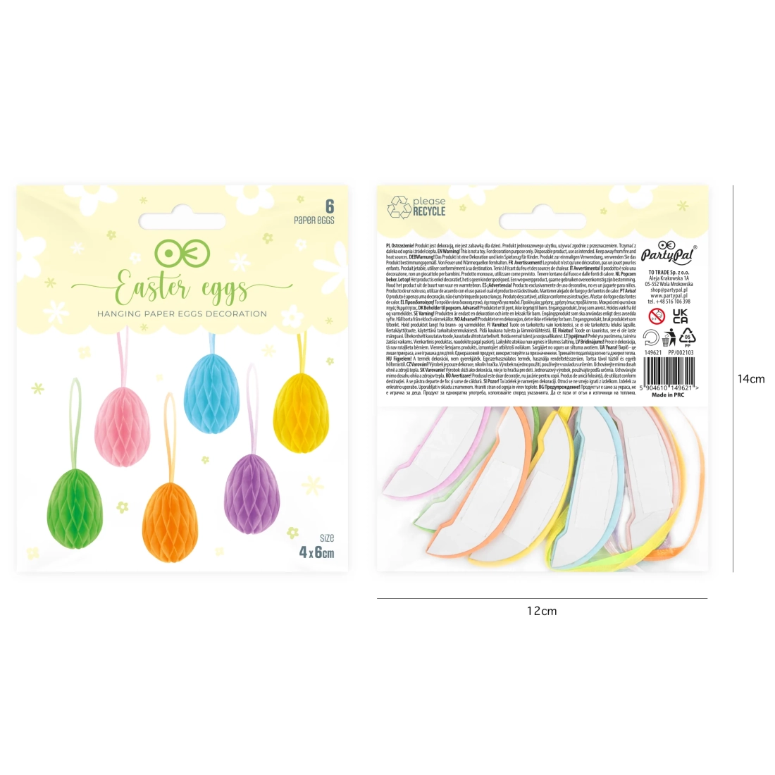 Decorațiuni de Paște suspendate honeycomb, ouă, set 6 bucăți, mix