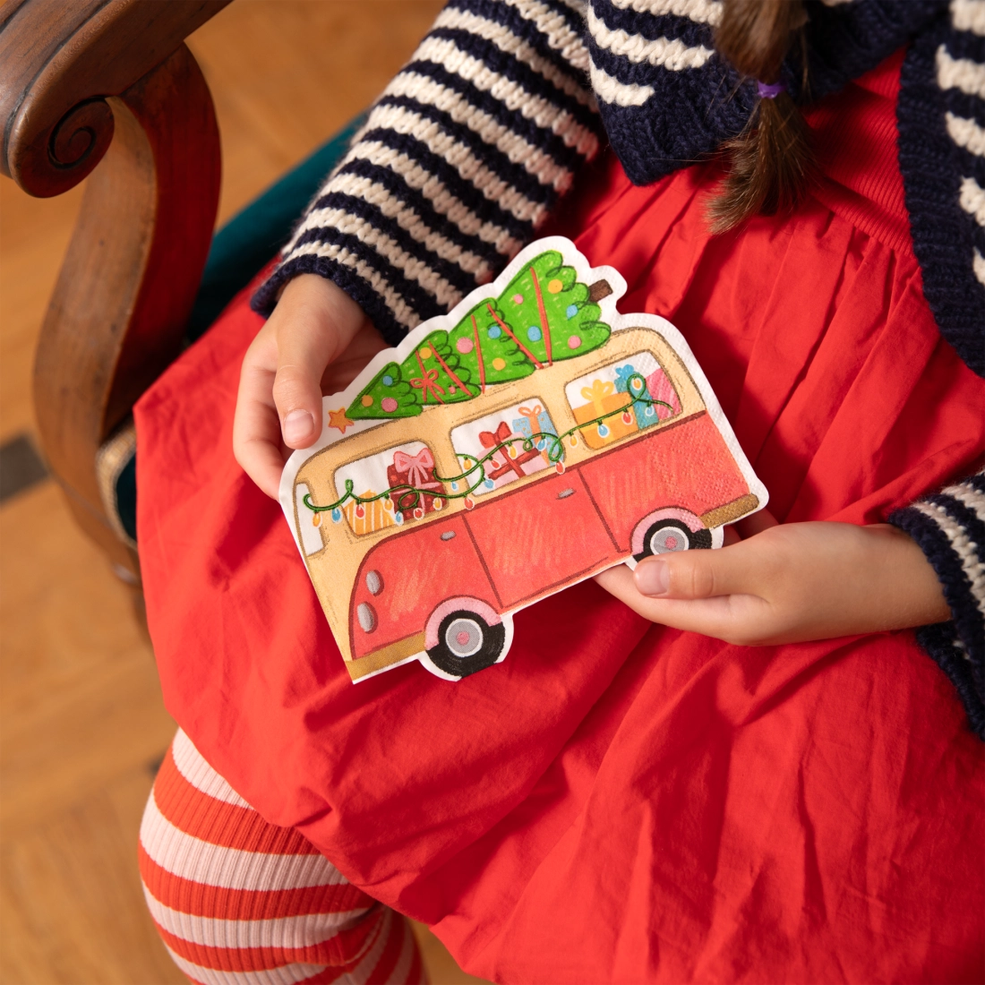 Karácsonyi papírszalvéta autóval és karácsonyfával, 10 db