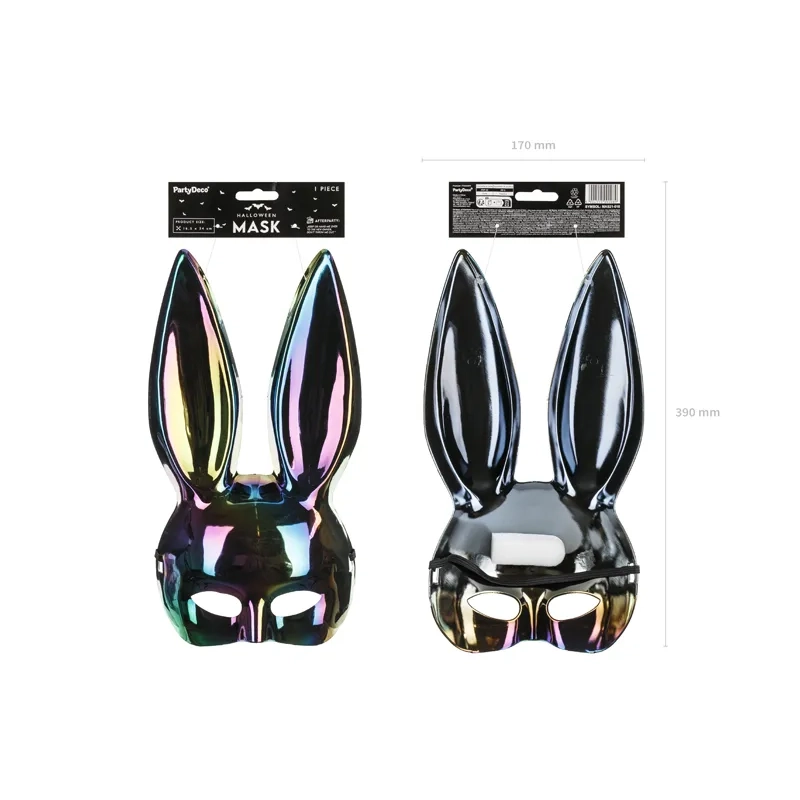 Mască de iepure negru irizat, lucioasă, 16,5x34 cm, pentru carnaval și petreceri