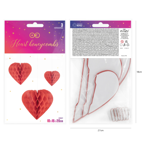 Závesná dekorácia honeycomb srdce set 3 ks