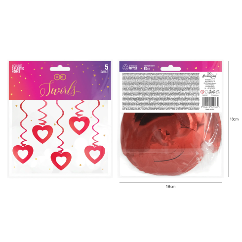 Závesná dekorácia špirála srdce červená 5 ks