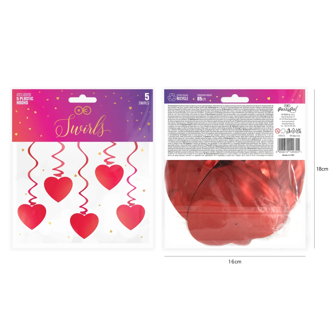 Decorațiune suspendată spirală inimă roșie, set 5 buc.