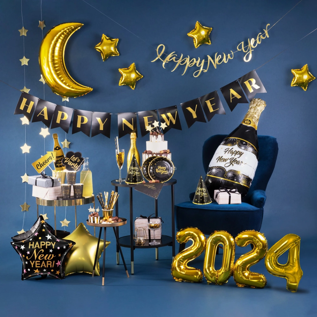 Závesná girlanda Happy New Year čierna 250 cm