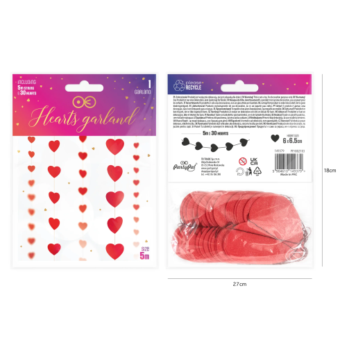Závesná girlanda papierové srdiečka červená 500 cm