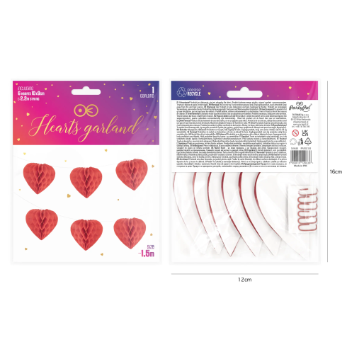 Závesná girlanda srdcia honeycomb červená 150 cm
