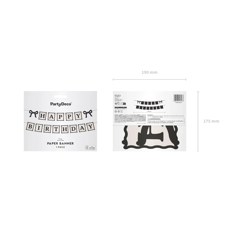 Happy Birthday feliratú függő banner masnikkal, 100 cm, krém-fekete