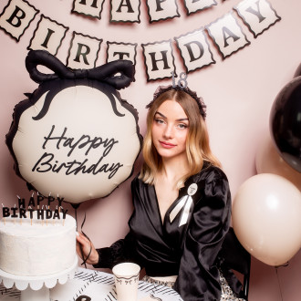 Viseči banner Happy Birthday z mašnicami 100 cm kremno črn