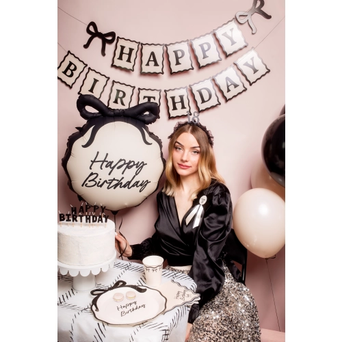 Viseči banner Happy Birthday z mašnicami 100 cm kremno črn