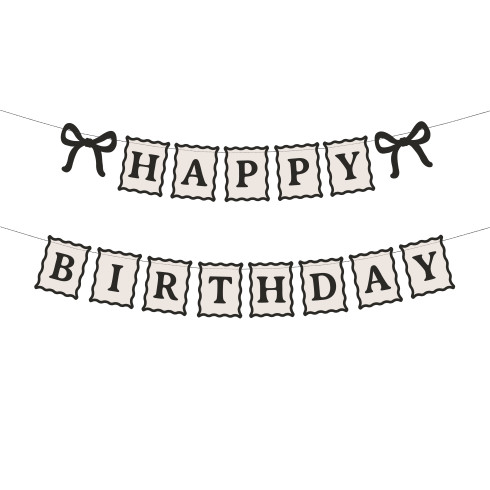 Viseči banner Happy Birthday z mašnicami 100 cm kremno črn