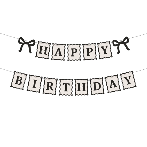 Happy Birthday feliratú függő banner masnikkal, 100 cm, krém-fekete