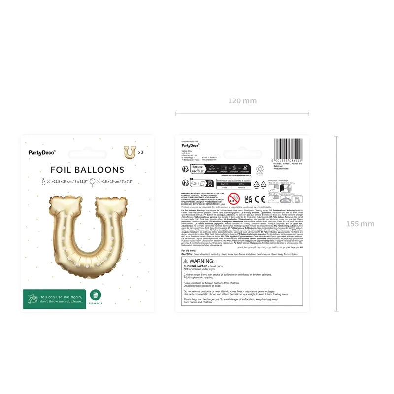 Arany fóliás patkó alakú lufik 18x19 cm, többször használható, 3 db