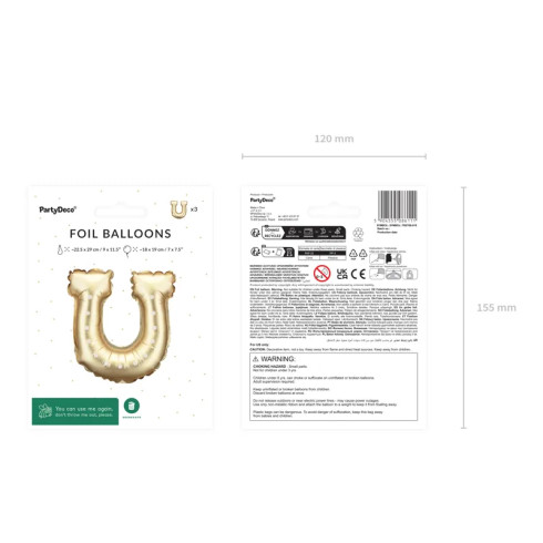 Zlati folijski baloni v obliki podkve 18 × 19 cm, večkratno uporabni, 3 kosi