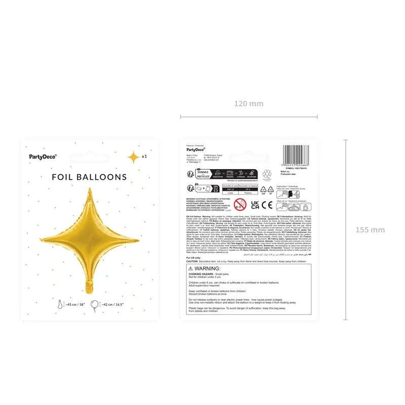 Zlat balon iz folije v obliki 4-krake zvezde, 45 cm – dekoracija za zabave