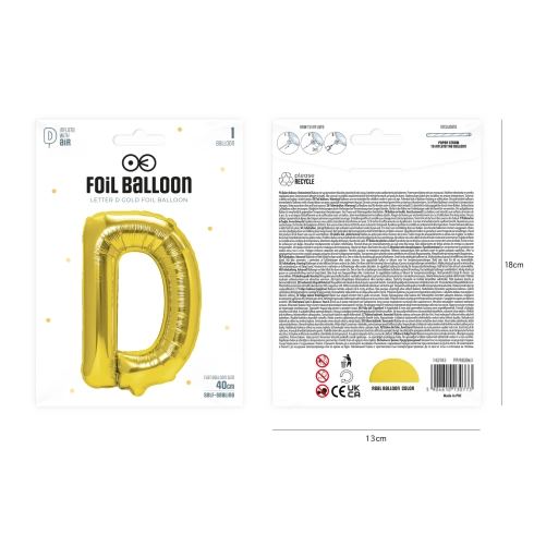 Zlatý fóliový balón písmeno D 40 cm Zlatý fóliový balón písmeno D 40 cm